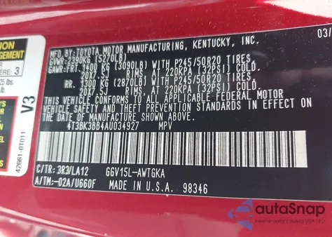 2010 Toyota Venza Base V6 из США, поврежденный, VIN 4T3BK3BB4AU034927